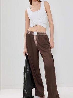 Lioness Brown Satin Wide-Leg Pants with Checked Waist Trim